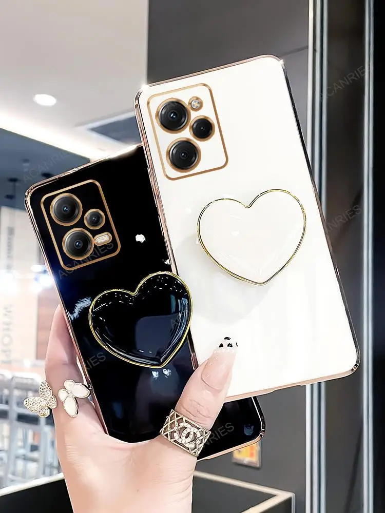 Poko X5pro Love Heart Fold Holder Case For Xiaomi Redmi Note 12 Mi Poco X5 Pro X 5 Nfc Stand Luxury Plating Silicone Cover Xiomi