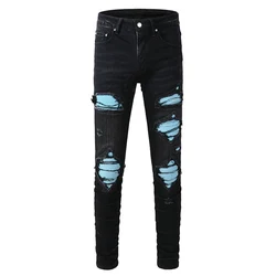 Mannen skinny taps toelopende biker jeans streetwear hemelsblauw fluwelen geplooide patch broek gescheurde zwarte hoge stretch denim katoenen broek