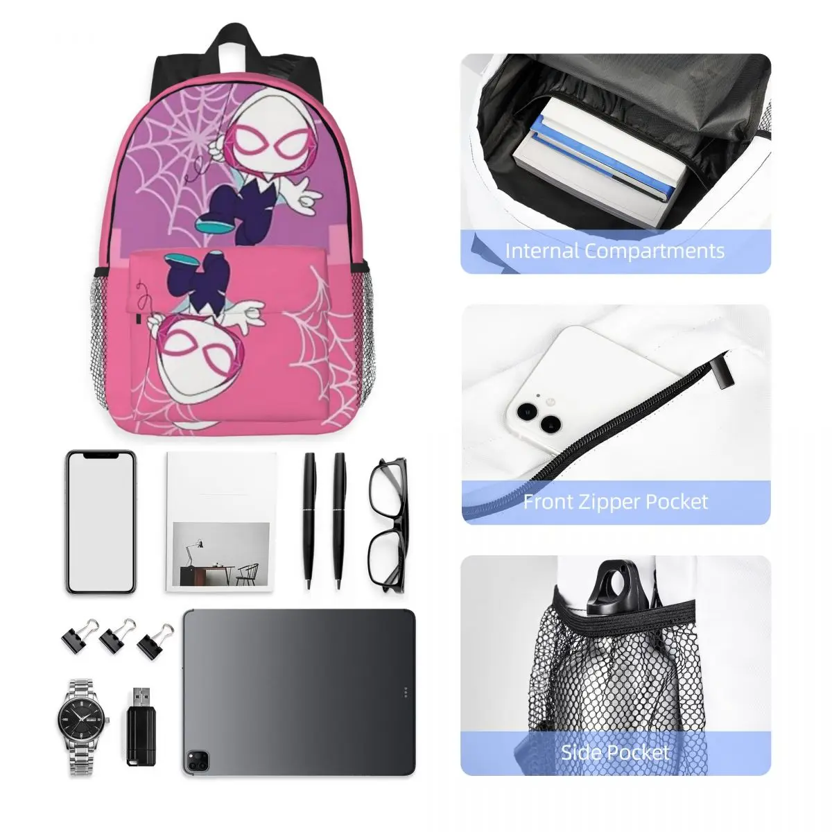 Simpatico Spider Ghost Gwen Zaino impermeabile ad alta capacità di nuova moda Borsa per libri scolastici per laptop per ragazze e ragazzi alla moda