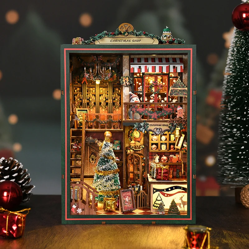 DIY Wooden Christmas Shop Book Nook Figurines Miniatures Bookend Handmade Bookshelf for Friends Birthday Gifts Home Decor Crafts