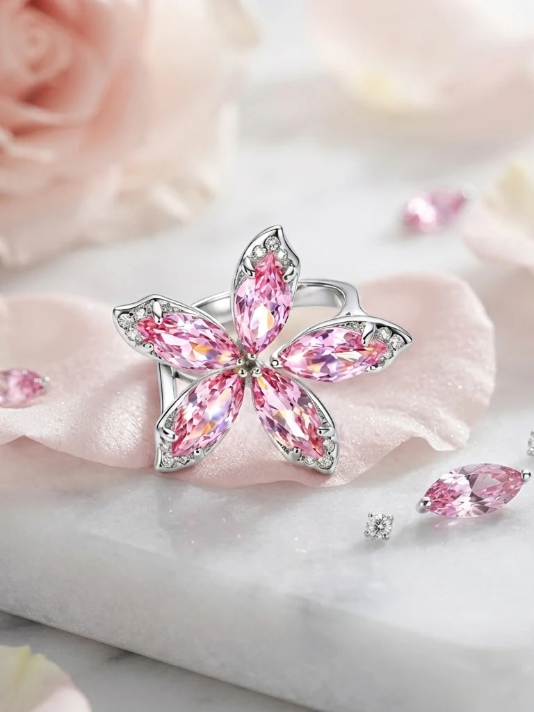 Luxuriöser ovaler Ring mit rosa CZ und mehrfarbigen Edelsteinen, vergoldeter Statement-Cocktailring, eleganter Damenschmuck, Geschenk zum Jahrestag – Detail 10