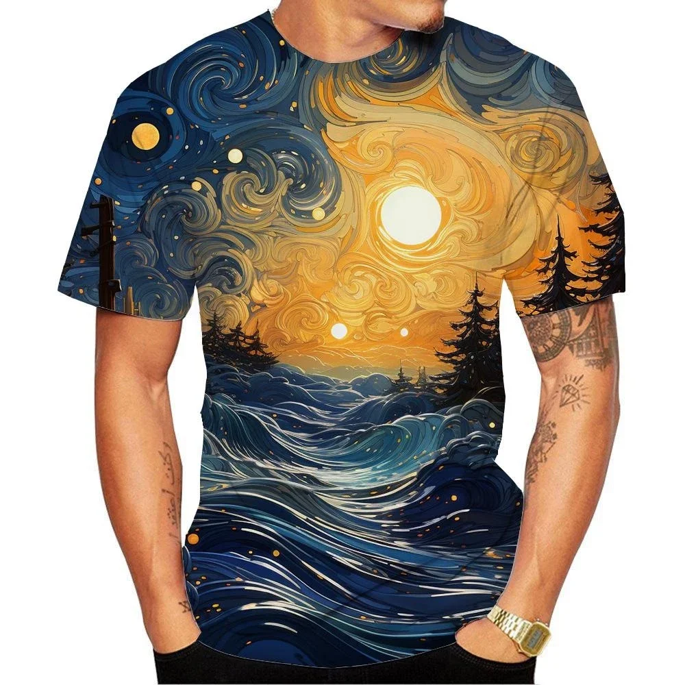 New Fashion Men's and Women's Round Neck 3D HD Print Abstract Style Starry Sky Oil Painting Pattern T-shirt Street Style Unisex