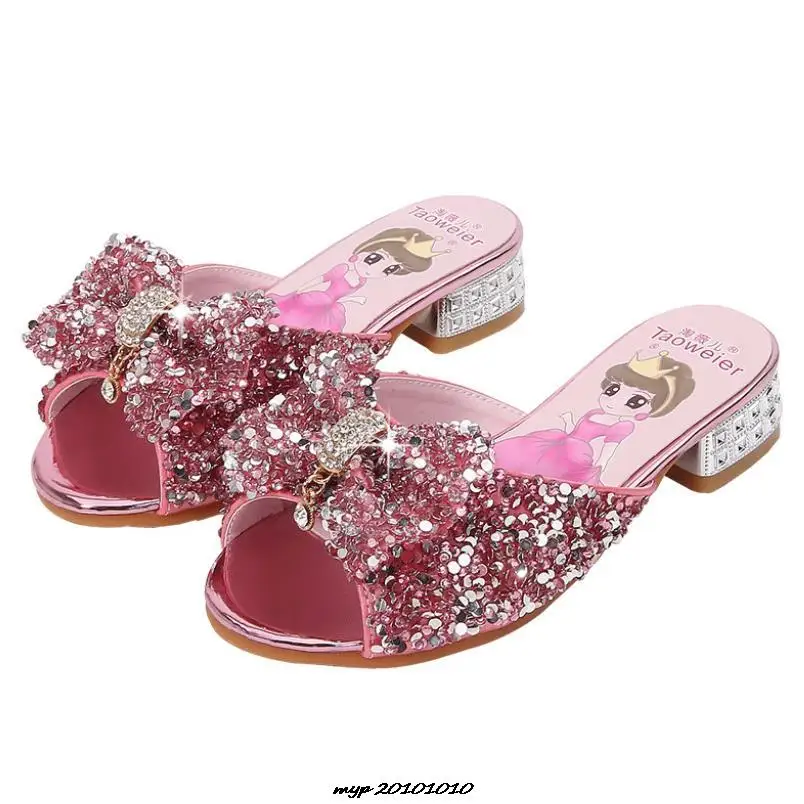 Disney Girls Sandals Cosplay Slipper Sequined Princesse Children High Heel Party Dress Shoes Leather Slipper For Kids Slides