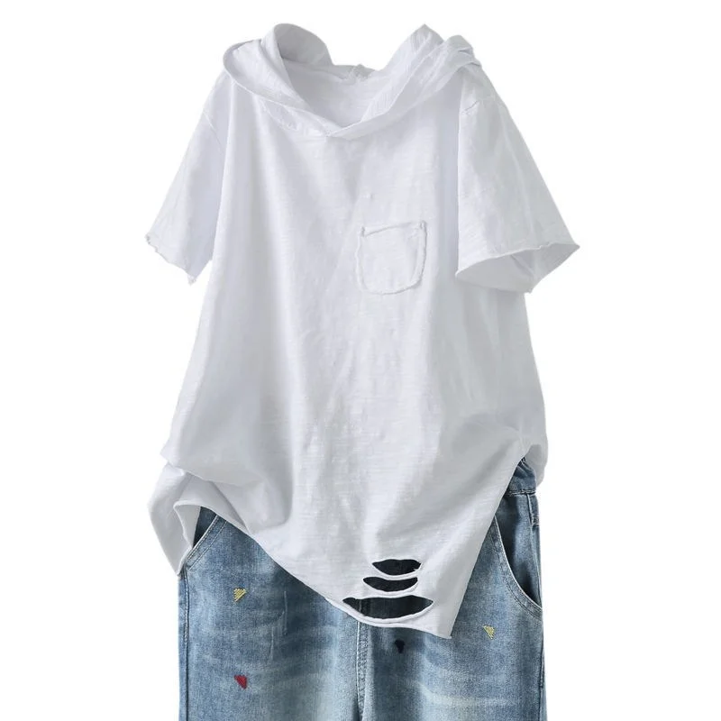 

95% Cotton Hooded Tirt Women's Summer New Loose Pure Cott ort Sve Color Casual Comfortable Breathable Top
