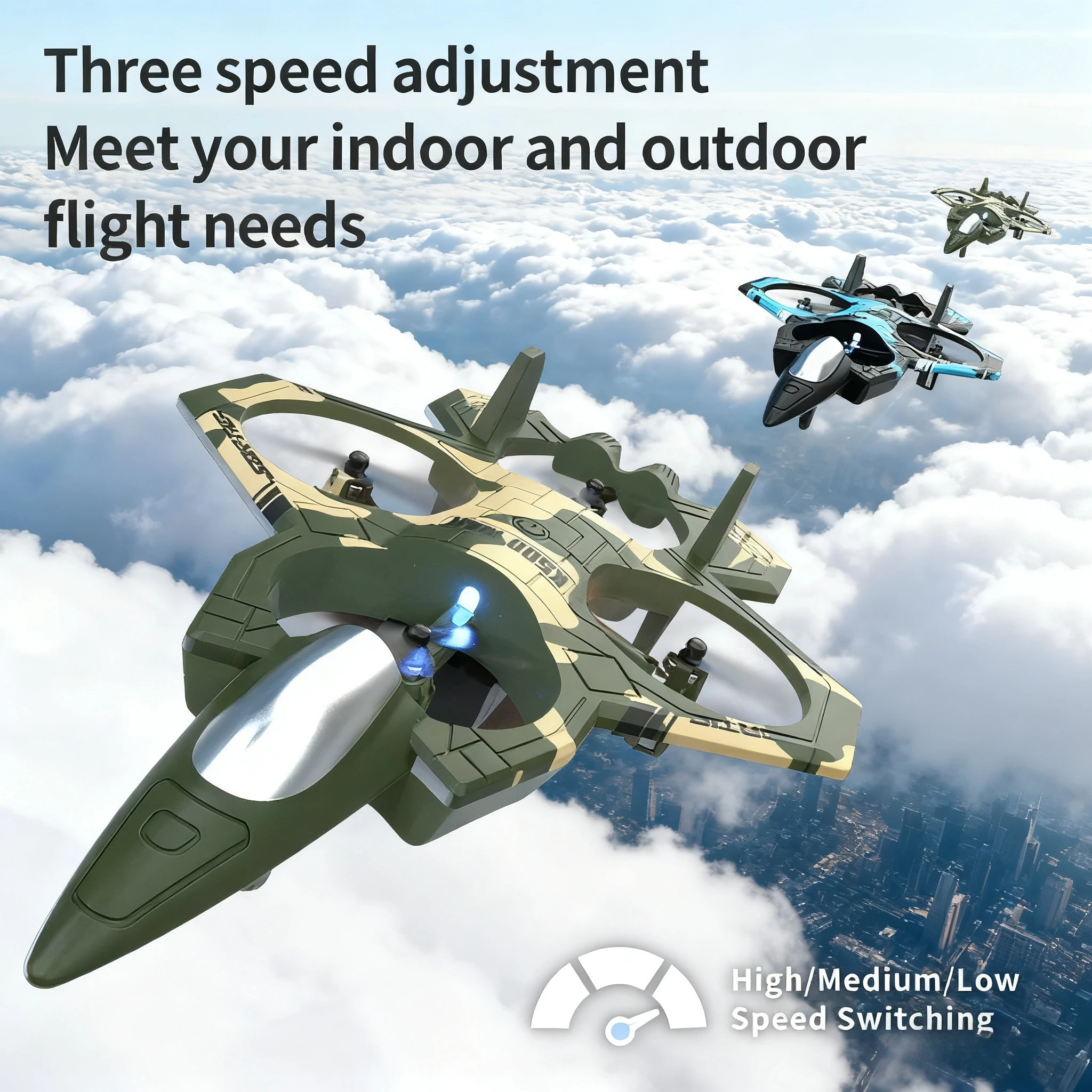 Novo jato de combate com controle remoto 360 °   rolando pairando voando decolagem vertical de quatro asas e pouso material resistentestuntglider