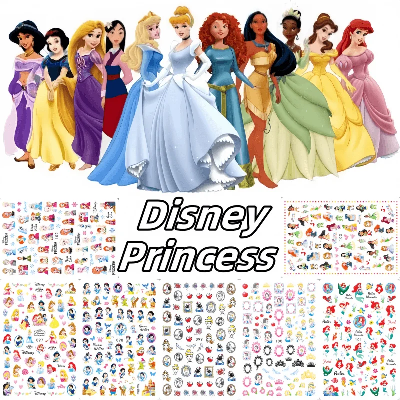 3D Disney Princess Nail Stickers Cartoon Cute Snow White Nail Design Elsa Anna Belle Rapunzel Cinderella Nail Decoration Sticker