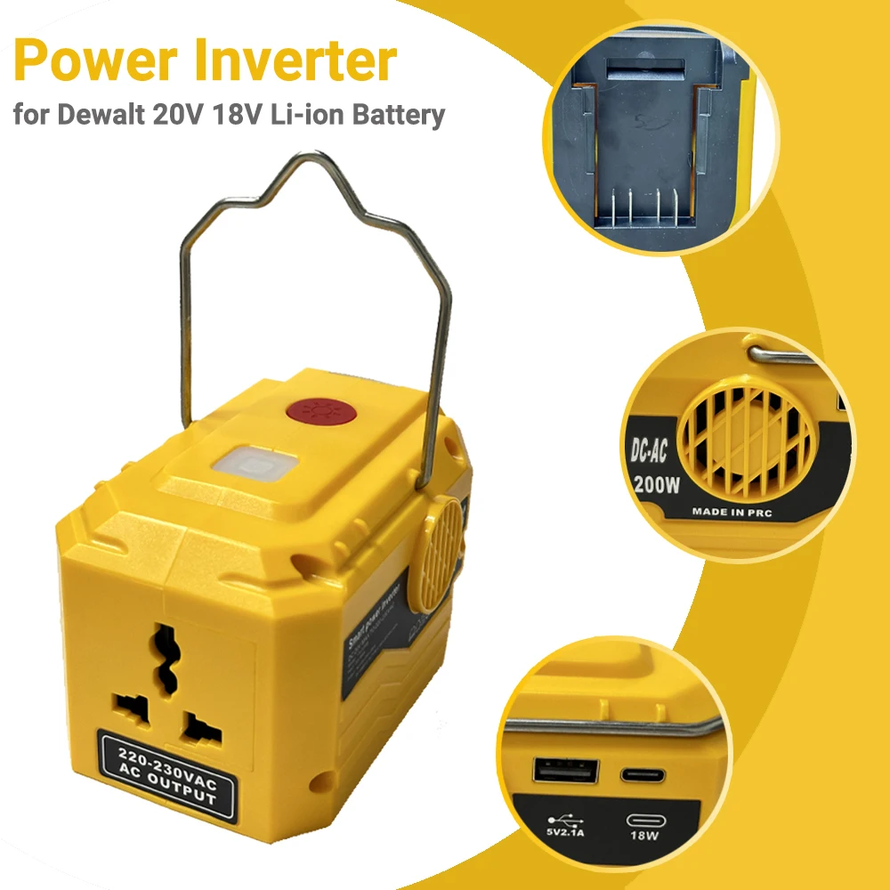 inversor com luz de trabalho led para dewalt 200w 18v li ion batterydc 20v a ac 110v 220v inversor senoidal modificado 01