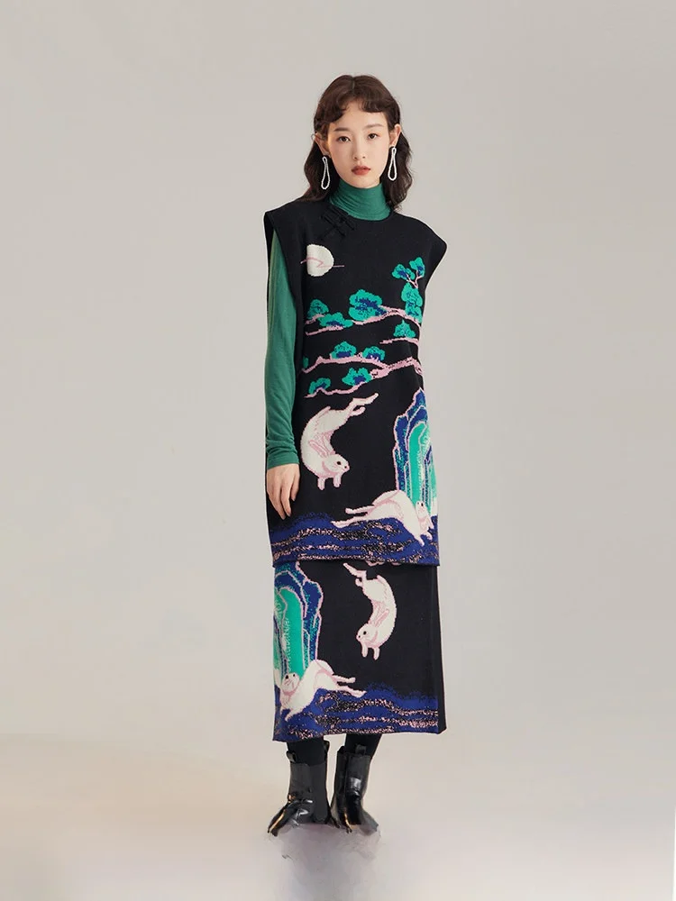 

Original Uare New Chinese Sle Knitted Vest Sweater Skirt Mid-Length Button Embroidered Bear Pig Animal Pattern