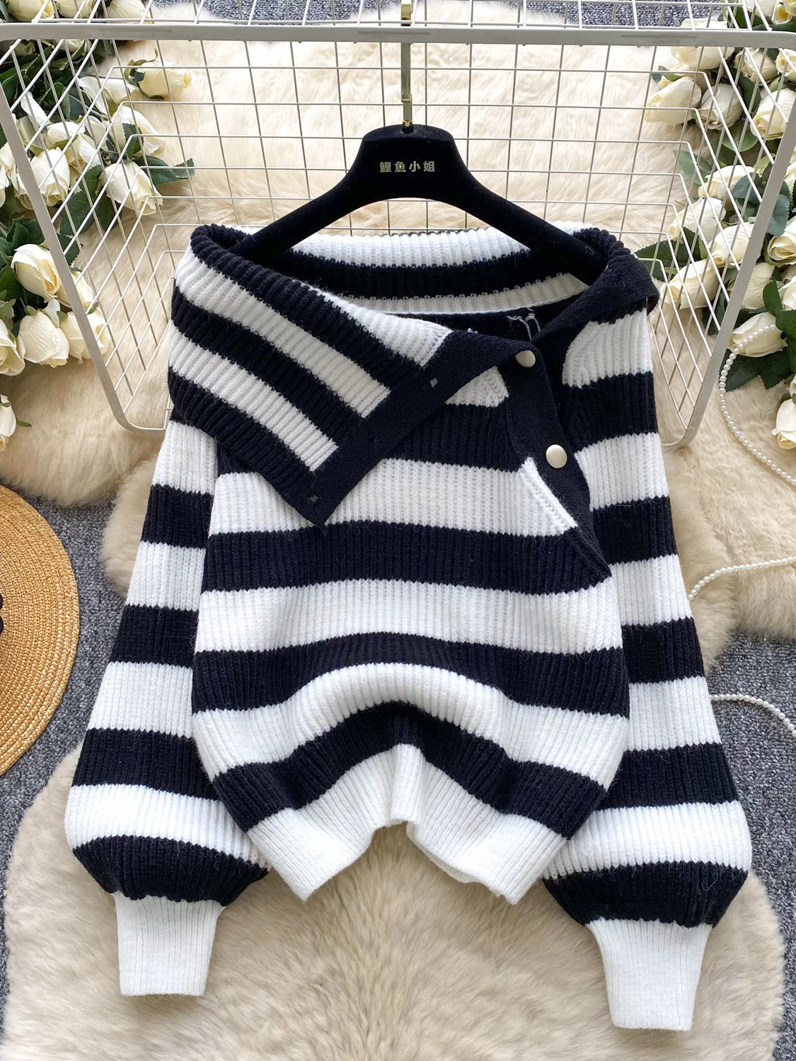 

2026 New Autumn Winter Women Slash Neck Long Sleeve Knitted Pullover Asymmetrical Splicing Design Loose Striped Sweater Tops