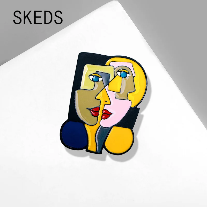 SKEDS Creative Women Enamel Abstract Face Brooch Art Painting Cartoon Splicing Lapel Pins Bages Fashion Clothing Coat Brooches