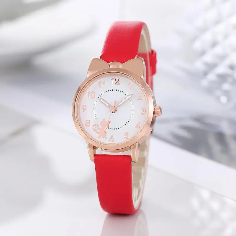 

Hot New Fashion Small Dial Girl Cartoon Quartz Watch Cute Cat Pattern Design Bowknot Girls Leather Watches for Ladies