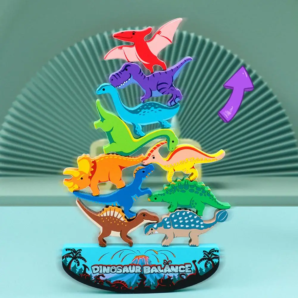 Block Stacking Board Game Educational Dinosaur Building Block Stacking Game for Kids Wooden Cartoon Dino Brick Balance Tower Toy