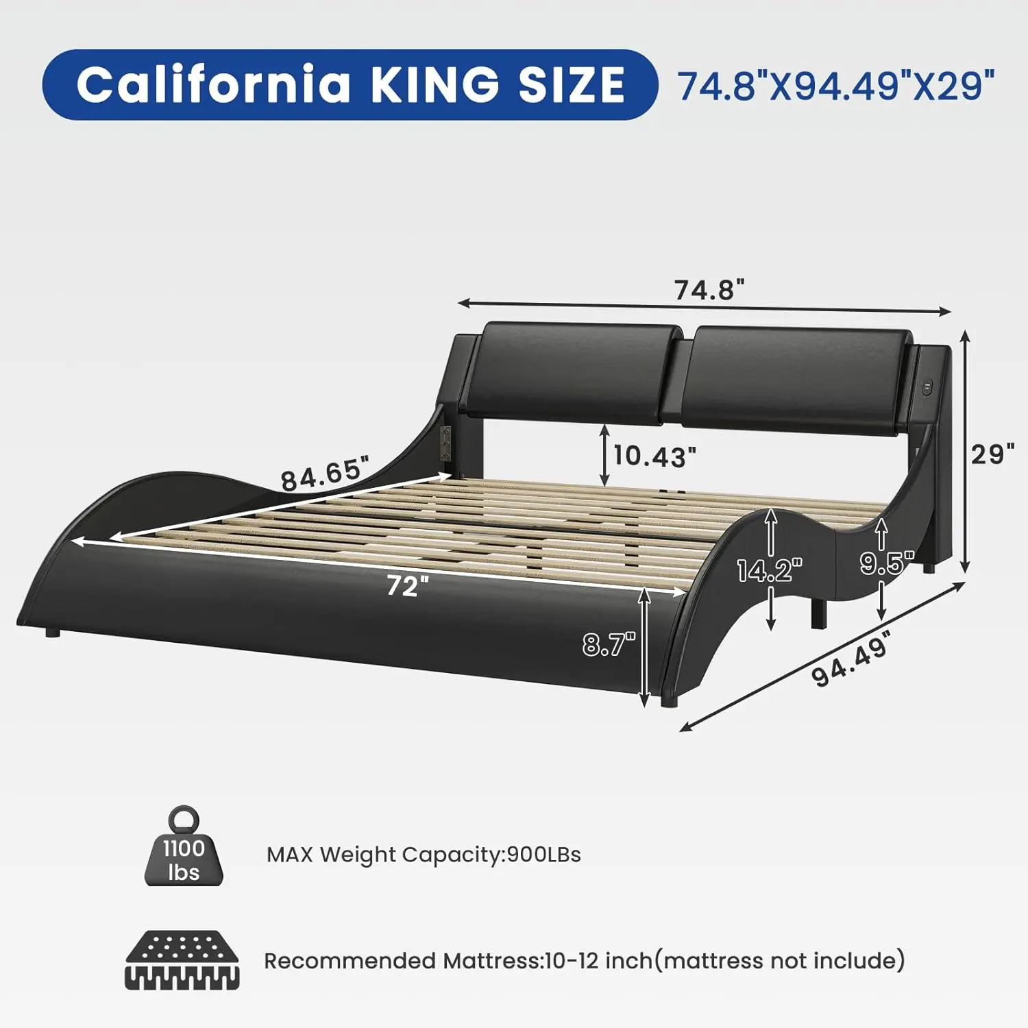 California King Bed Frame with Headboard and Led Lights Modern Cali King Led Bed Frame with USB & Type-c Ports Faux Leather Wave