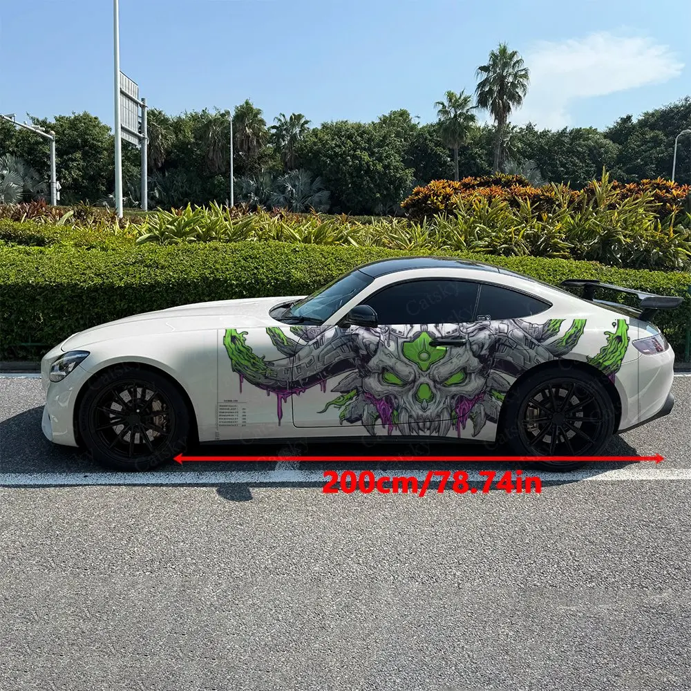 2pcs Cyber Demon Horn Skull Car Side Wraps, Self-Adhesive PVC Waterproof & Scratch-Resistant Stickers, Car Accessory Gift