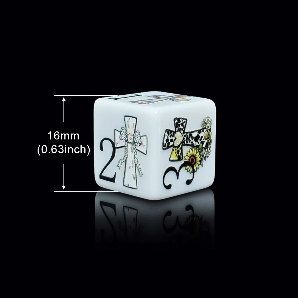 12PCS 16MM Cross Themed Acrylic D6 Dice, Printed 6-Side Faith Hope Cross Pattern Set for DND RPG TRPG Tabletop Role Playing Game