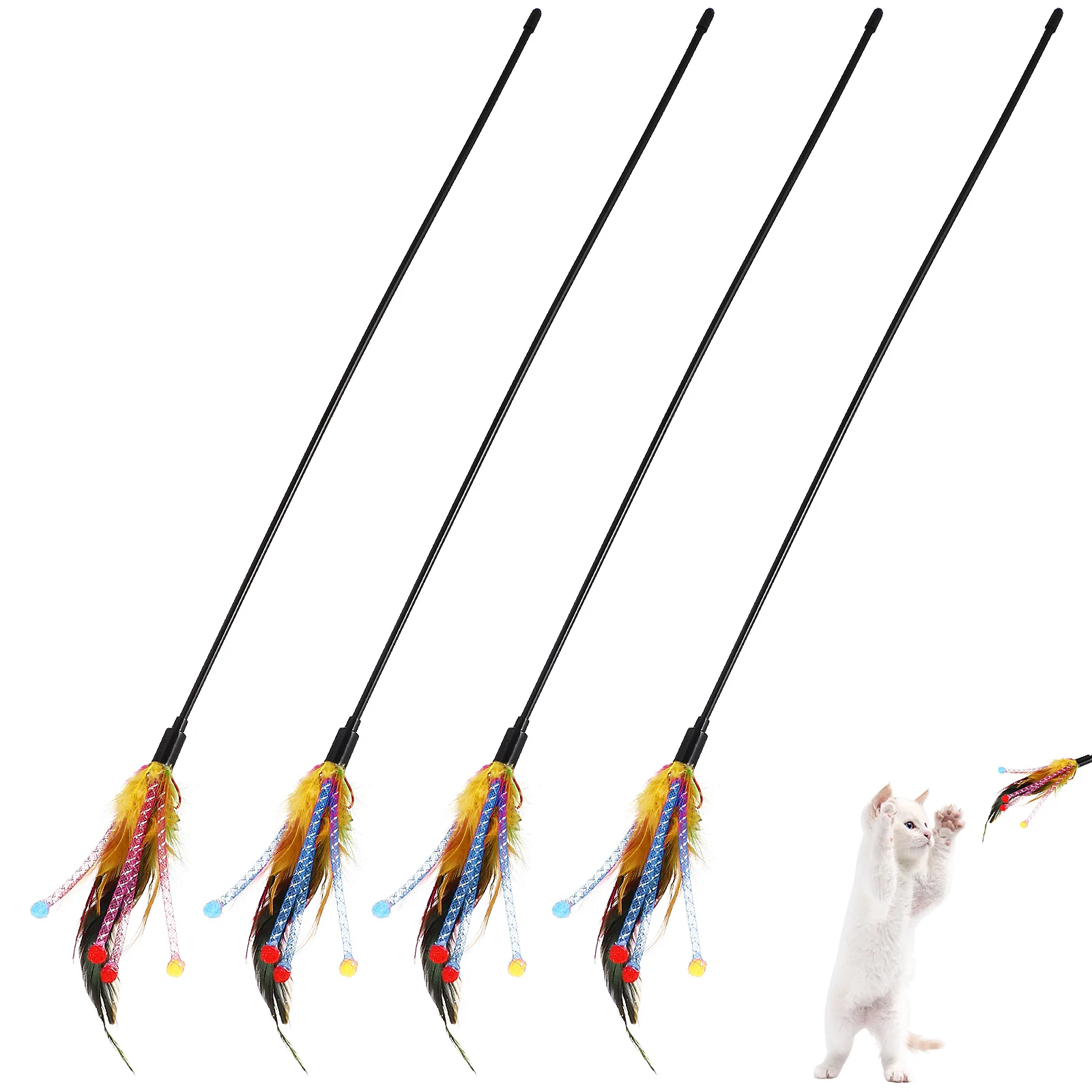 

4 pcs Cat Teaser Wand With Bell Colorful Fabric Anti-Slip Handle For Interactive Play Household Cats Pet Activity Gift