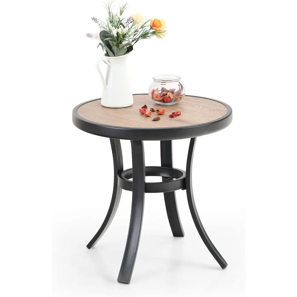 Outdoor Round Side Table, Small Wood Table Top End Table Coffee Bistro Table with Metal Frame for Indoor/Outdoor Use