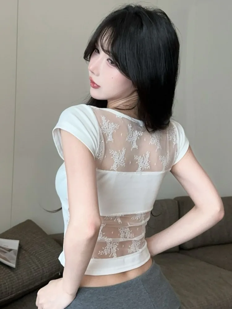 

Женская летняя футболка Pure Desire с кружевными вставками, квадратным вырезом и коротким рукавом, новая, универсальная, приталенная, базовая модель