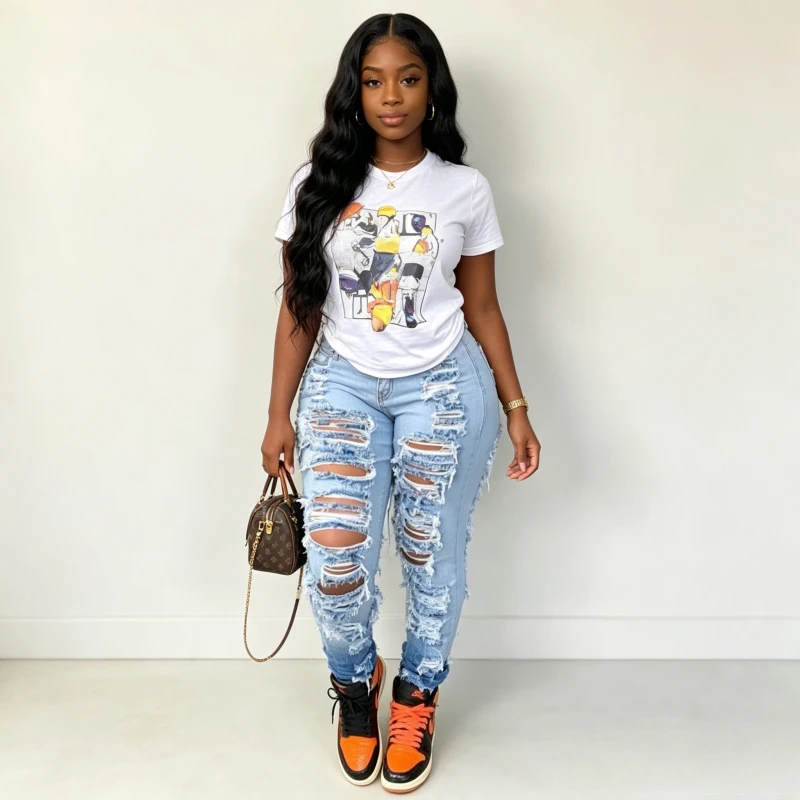 

Jeans Pencil Pants Women Hole Distressed Ripped Denims Vintage Washed High Waist Stretch Female Denim Trousers Streetwear 2026