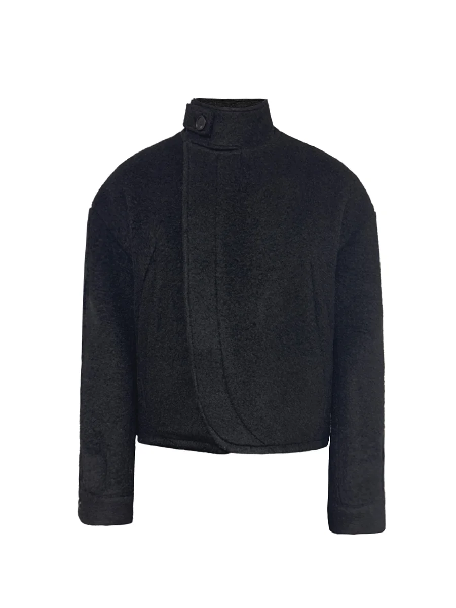 Jcaesar Wool Jacket with Button Closure Curly Texture Arc Door Closure Short And Wide for Men And Women Casual Style