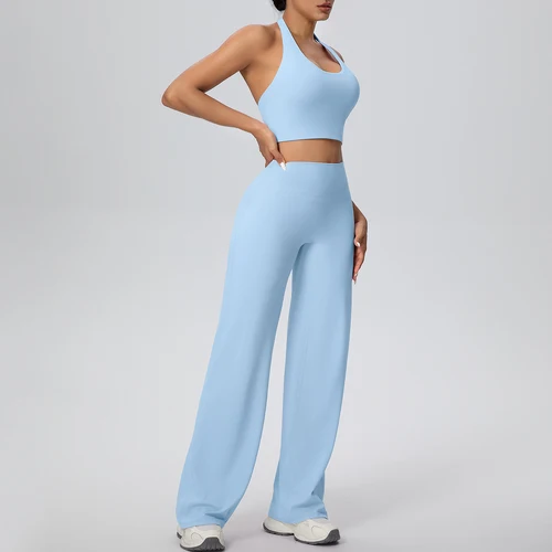 Imagen 2 del producto Conjunto de 2 uds de sujetador y pantalones con cuello colgante y espalda descubierta para mujer, conjunto de Yoga transpirable para verano, deportes de gimnasio, entrenamiento para correr, conjunto de Yoga de gran oferta
