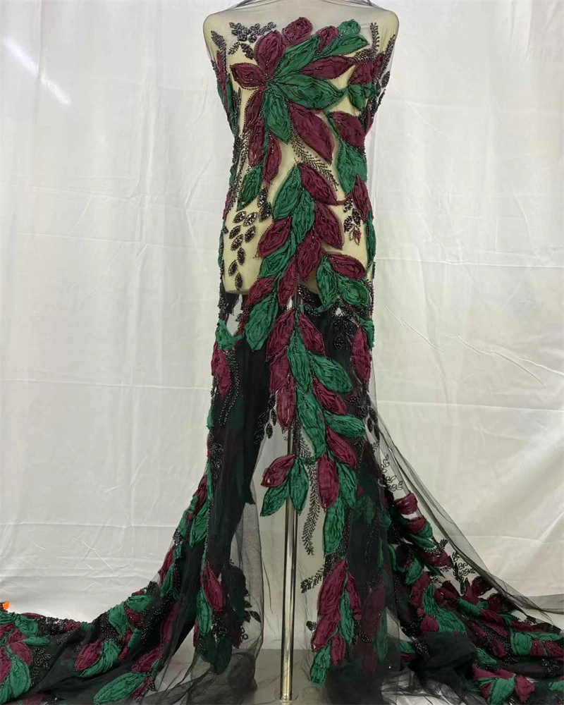 نسيج الدانتيل الأفريقي جودة عالية الفرنسية ثلاثية الأبعاد زهرة الترتر التطريز الخرز تول أقمشة الدانتيل لفستان الحفلات