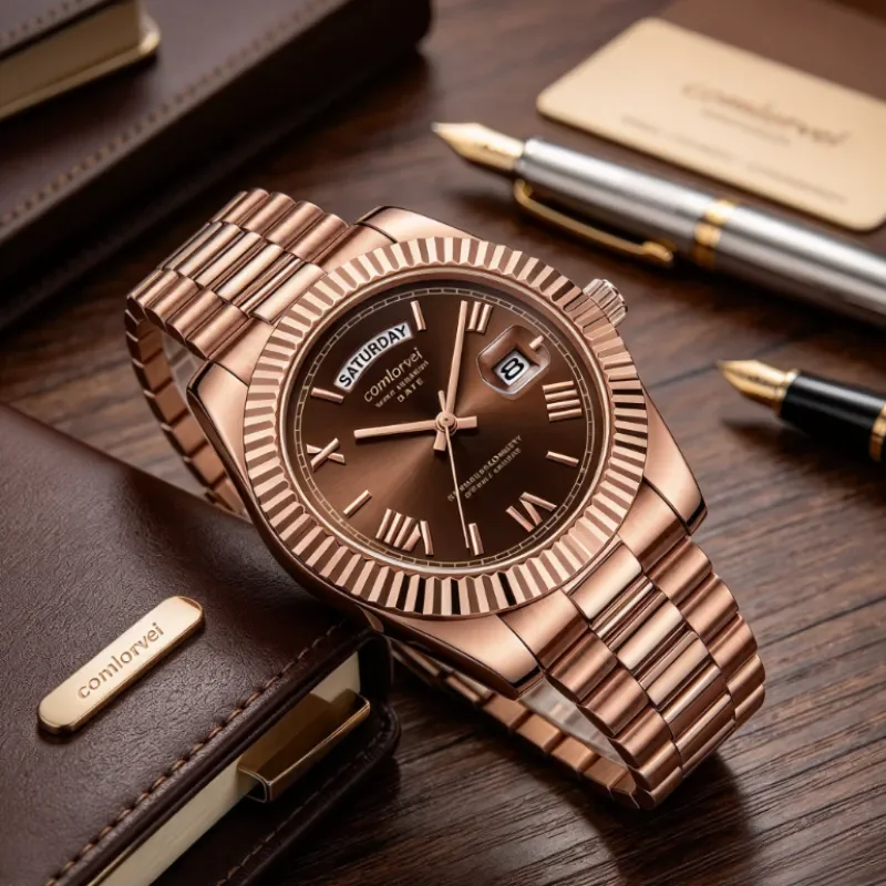 comlörvei Men Fluted Bezel Day Date Roman Numeral Quartz Watch, Classic Business Wristwatch