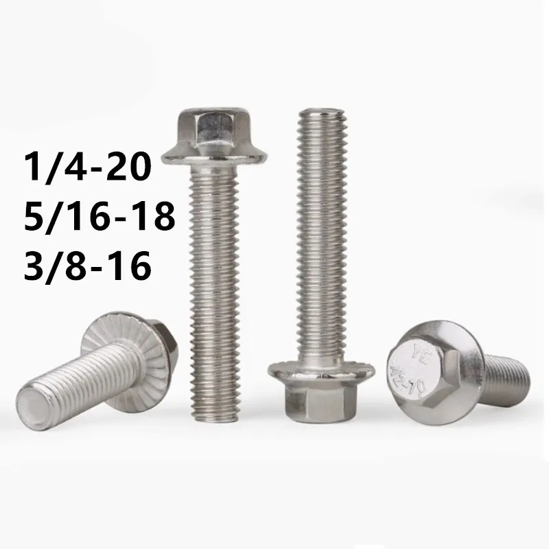 10pcs UNC 1/4-20 5/16-18 3/8-16 304 Stianless Steel Hexagon Head with Serrated Flange Cap Screw Hex Washer Head Bolt GB5787
