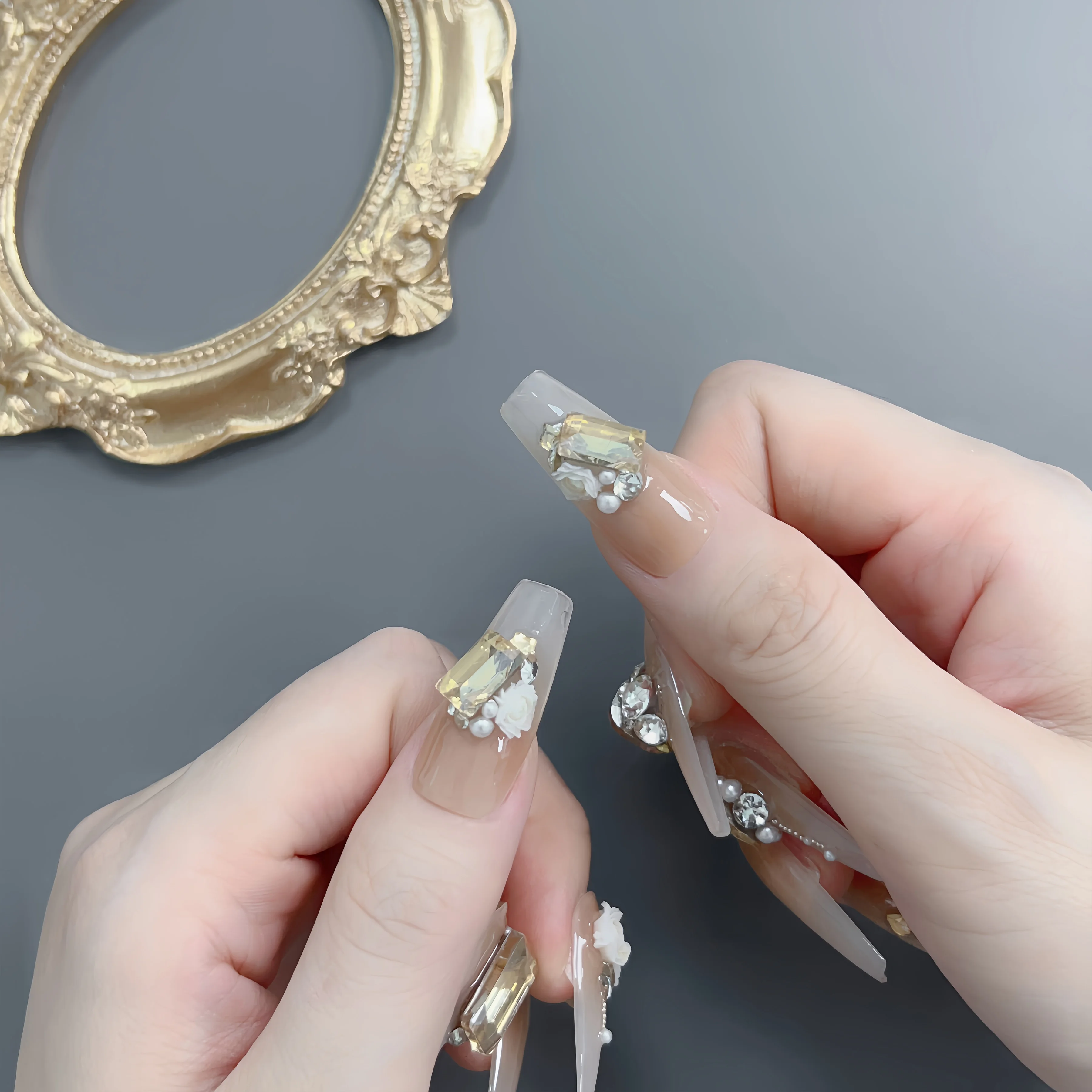 

Hot Selling Beige 3D Rose and Lace Designed Fake Nails Medium Square Shaped Nail Handmade For Women, Reusable, Salon Quality