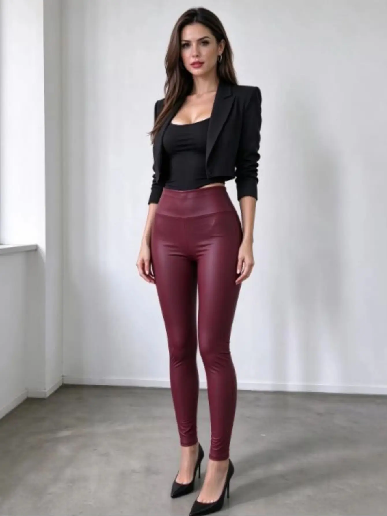 Women's High Waist Faux Leather Skinny Pants, Butt Lifting Stretch Slim Fit Wine Red Leggings, Solid Color Tight Ankle Trousers