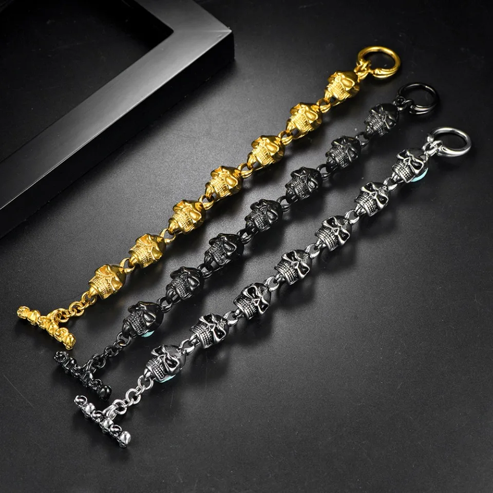 Gothic Vintage Stainless Steel Skull Bracelet Hip Hop Rock Silver/Black/Gold Color Skeleton Bracelets Male Biker Jewelry Gifts