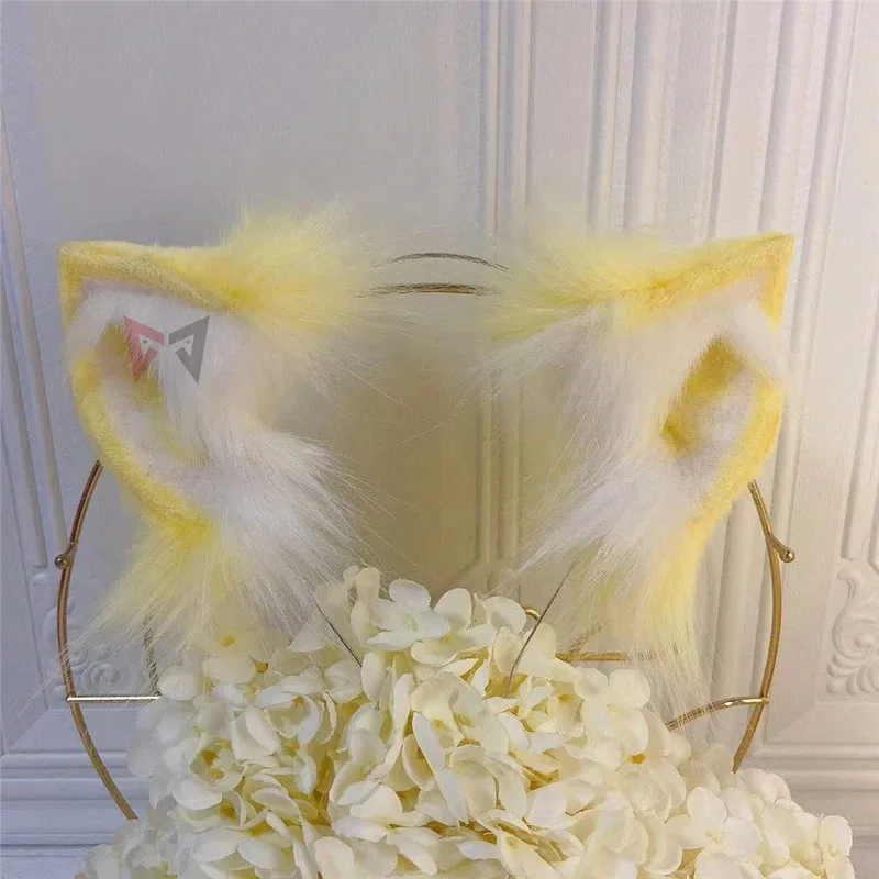 CyNew Beige pequeño zorro de leche lobos orejas aro de pelo cola pendientes Animal Lobo Cosplay sombreros KC accesorios de disfraz de simulación