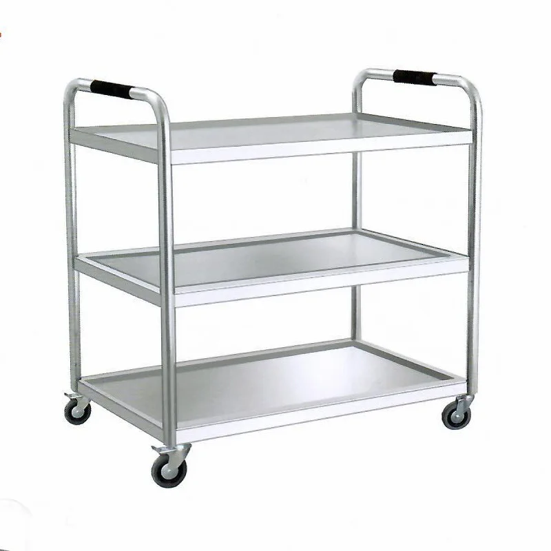 

Stainless Steel 3-Layer Dining Car Hotel Trolley Double-Deck Restaurant Food Delivery Van Hand Push Bowl-Receiving