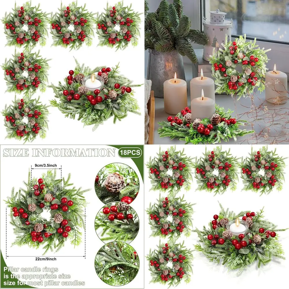 

Artificial Berry-Infused Snowy Pine Candle Ring Holders, Set of 18, for Christmas Kitchen and Table Decor