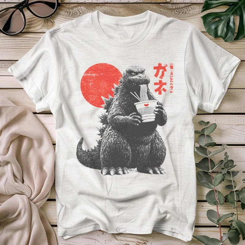Funny Godzilla Vintage Print Cotton Short Sleeve T-Shirt Men Women Clothes Summer Short-Sleeve Casual Japanese Food Lover Gift