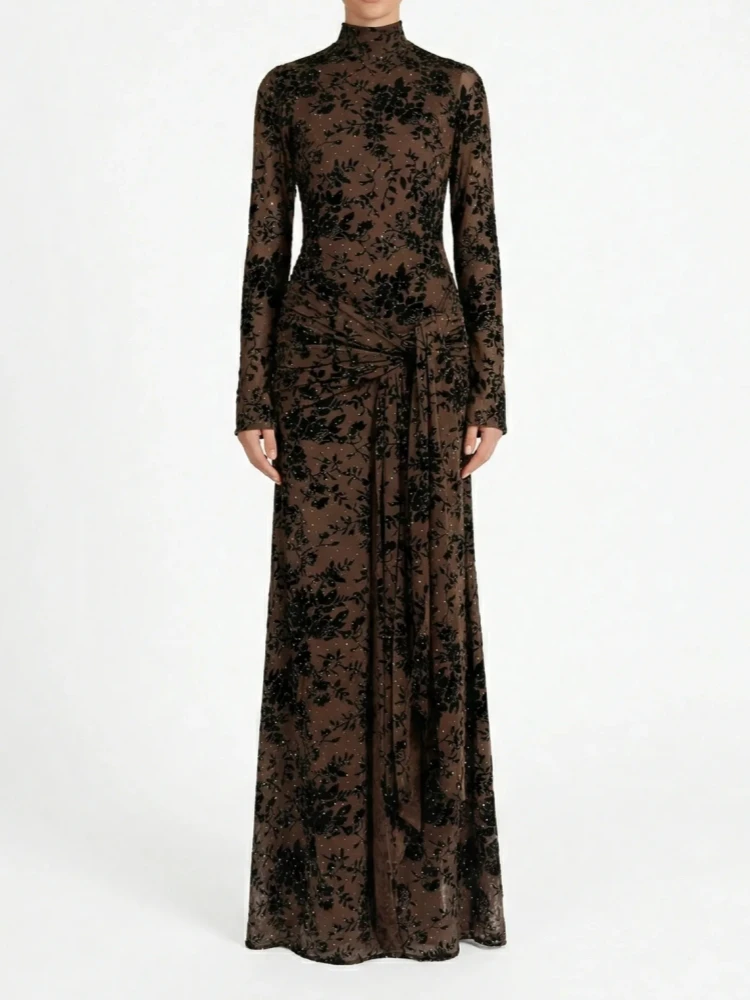 Sexy O Neck Embellished Floral Diamonds Long Dress Women Brown Long Sleeves Printed Draped Slim Dresses Evening Party Gowns