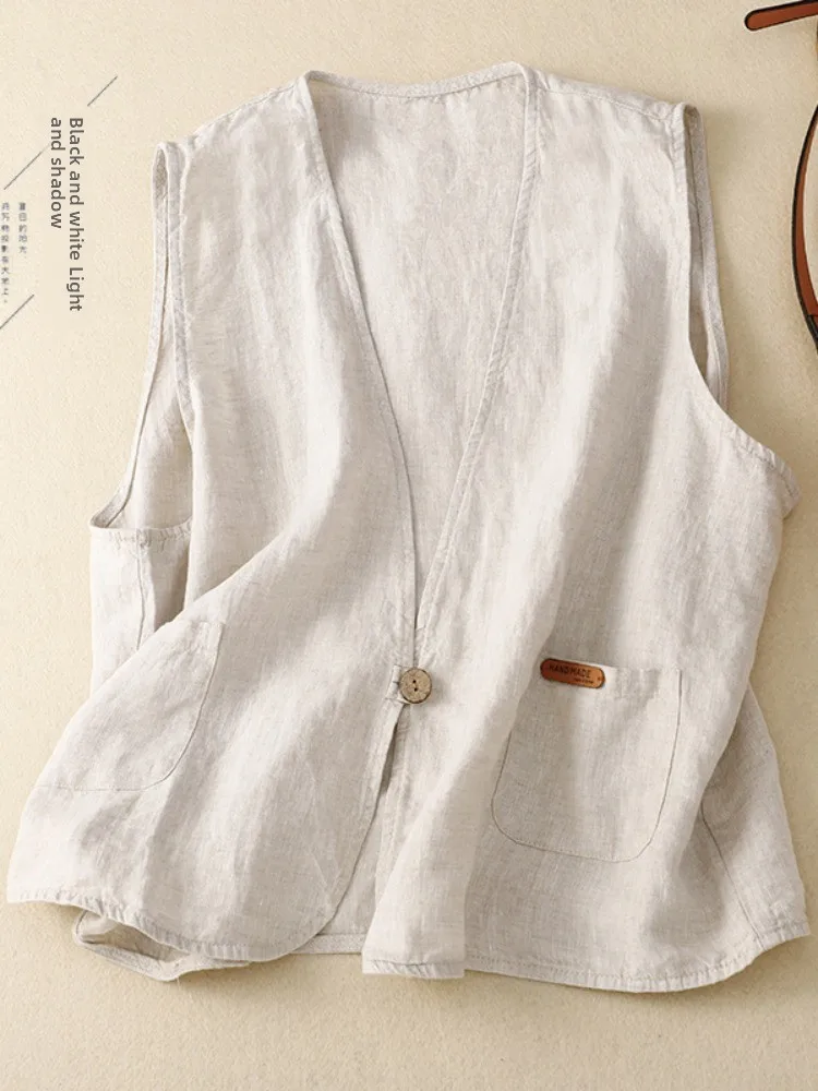 السيدات رقيقة الكتان Jaet فضفاضة عارضة Svel سترة الصيف ملابس خارجية لون نقي تنوعا زر حتى V-Ne مزيج القطن