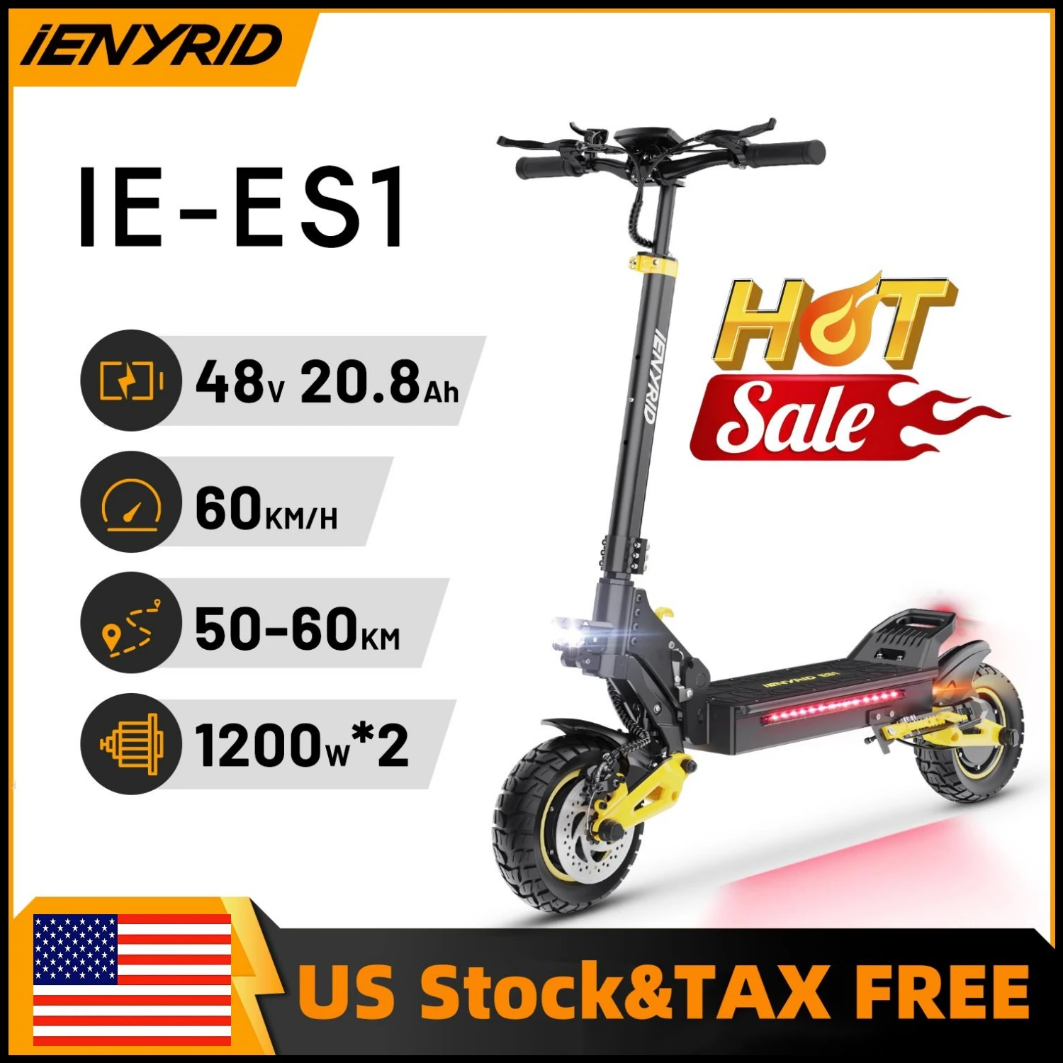 

IENYRID IE-ES1 Складной электрический самокат 2x1200 Вт Двойной мотор Пик 3000 Вт 48 В 20,8 Ач Литиевая батарея Электронный самокат 10-дюймовые шины