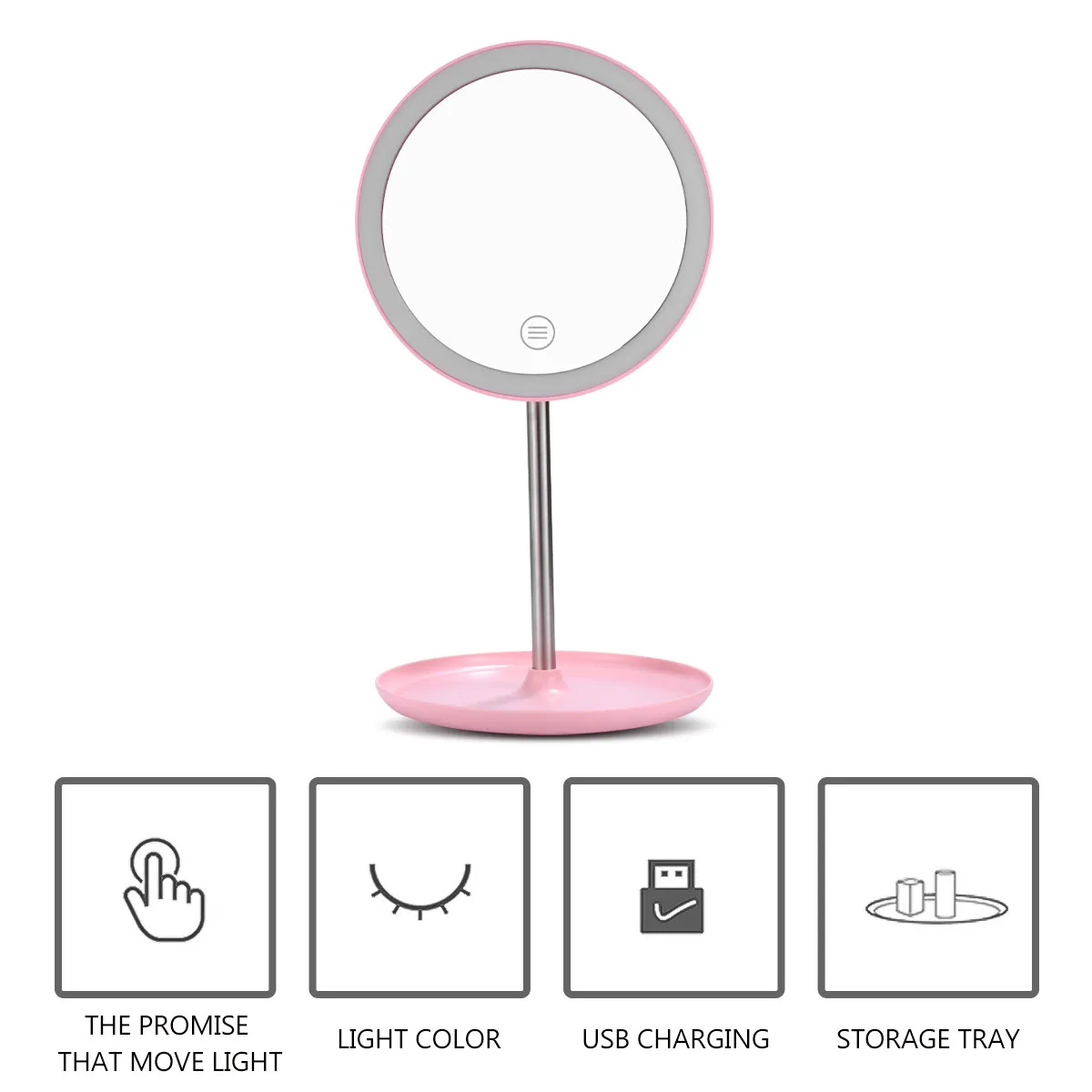 

LED Makeup Mirror Chargeable Desktop Mirror USB Rechargeable Brightness Adjustable Non-Slip Stand Storage