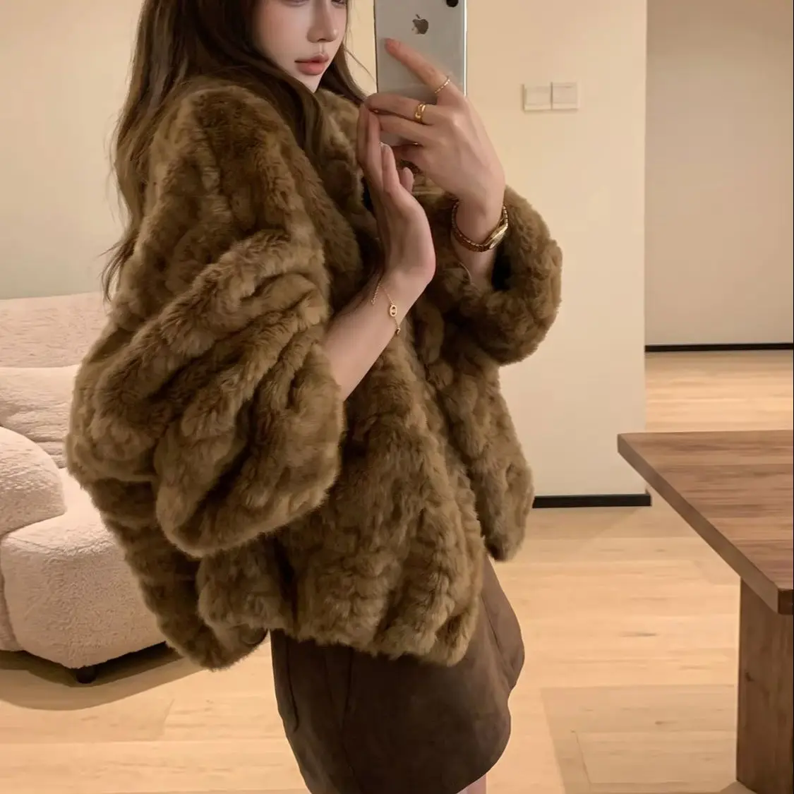 Vintage Women Winter Soft Hairy Faux Rabbit Fur Coat Long Sleeve Covered Buttons Elastic Hem Warm Shaggy Jackets Outerwear