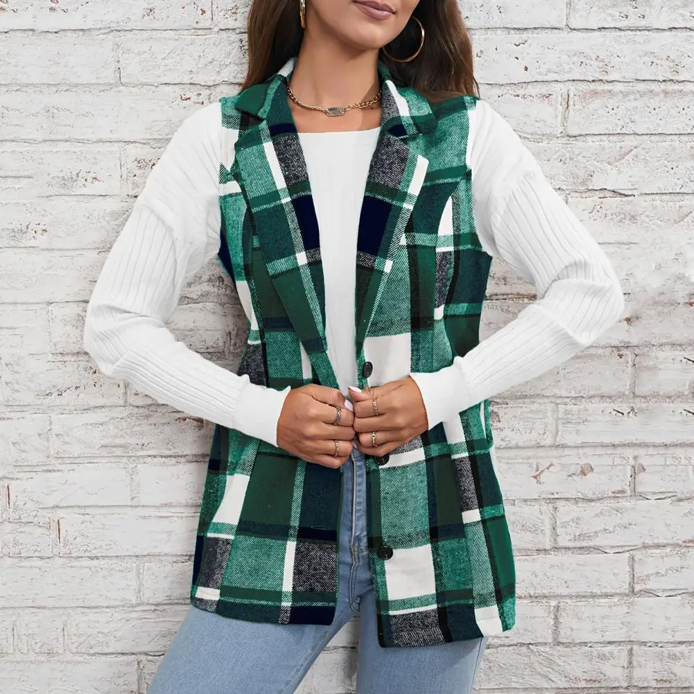 

Women Winter Coat Plaid Print Vest Coat for Women Retro Waistcoat with Turn-down Collar Button Down Closure Mid Length for Wear