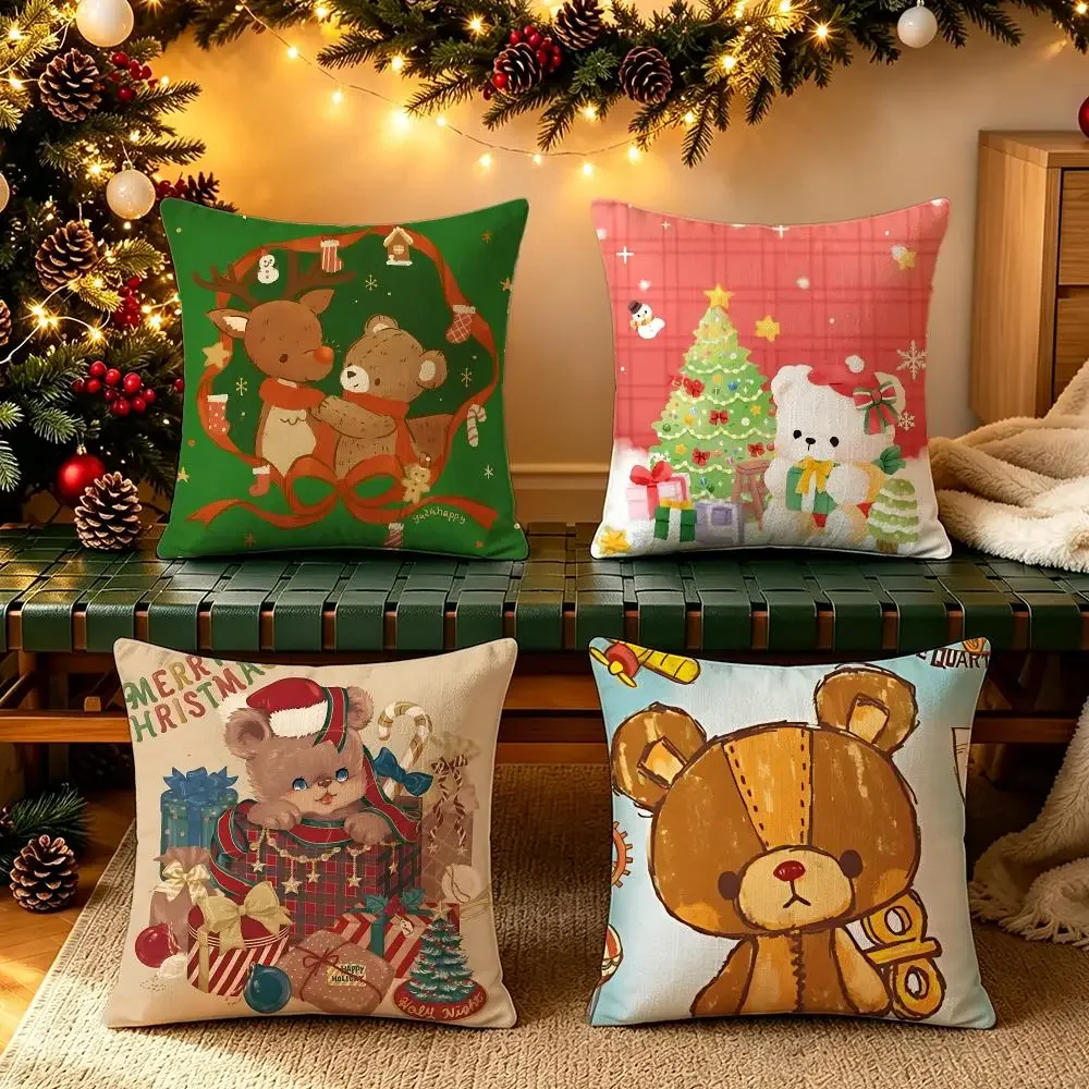 Christmas Teddy Bear IP Cushion Cover Pillow Short Plush Cushion Covers for Living Room Sofa Christmas Festival Holiday Gift