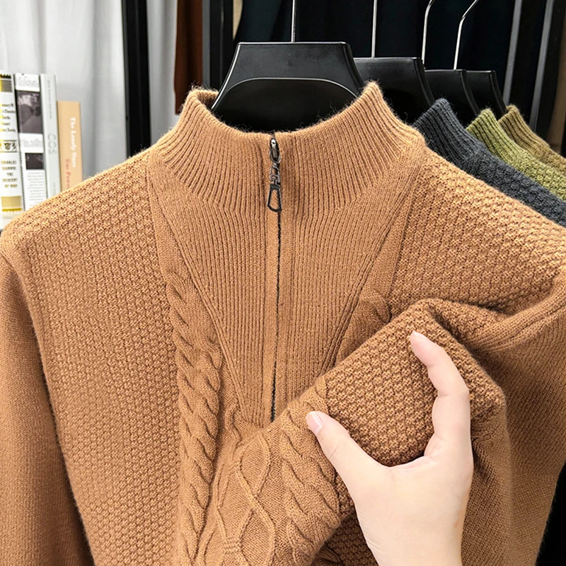 High Quality Men's Autumn Winter Knitting Sweater Mock Neck Zipper Long Sleeves Jacquard Pullover Leisure Fashion Innerwear Tops