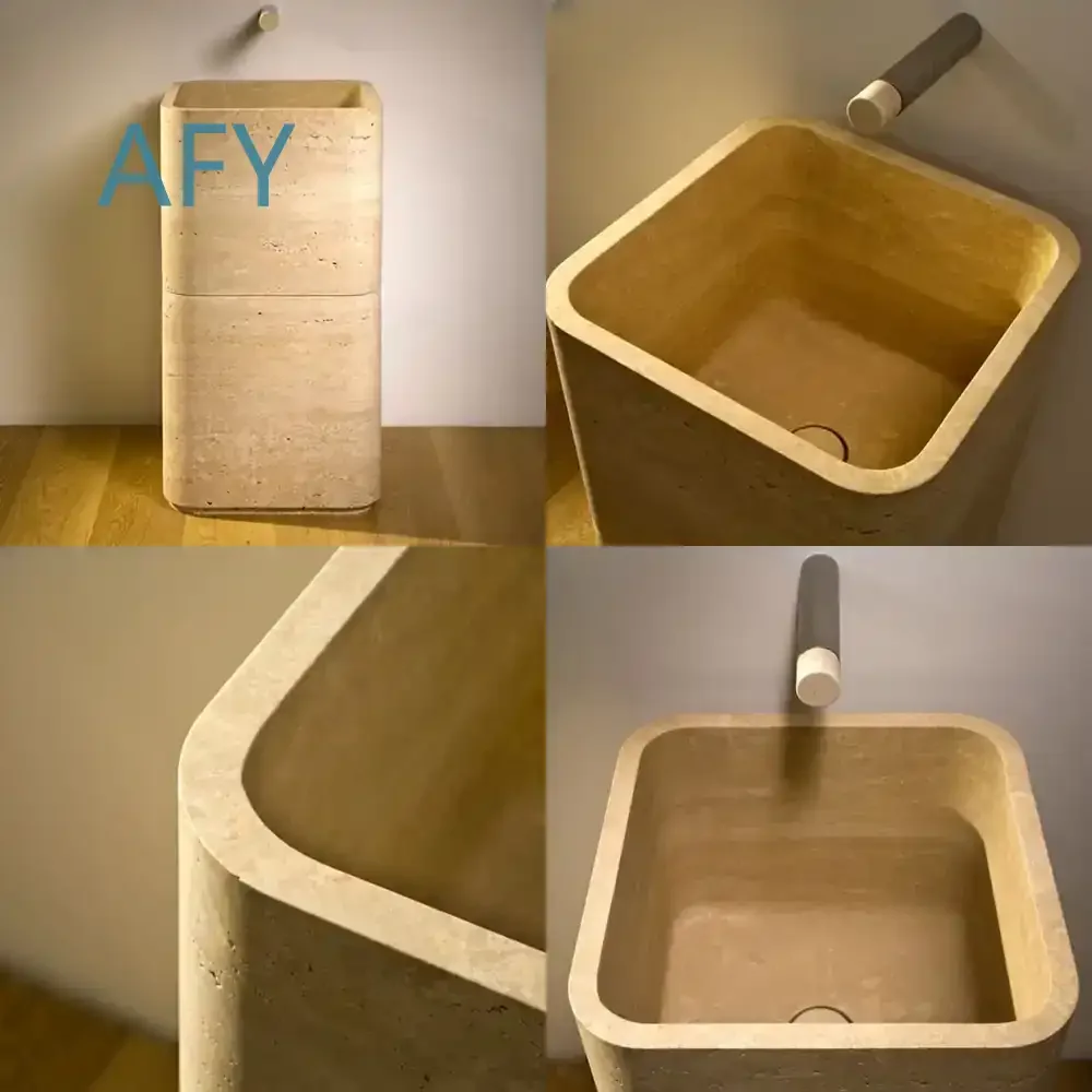 Handheld Collapsible Square Natural Stone Travertine Freestanding Base Sink Marble Basin for Bathroom Vanity for Modern Home