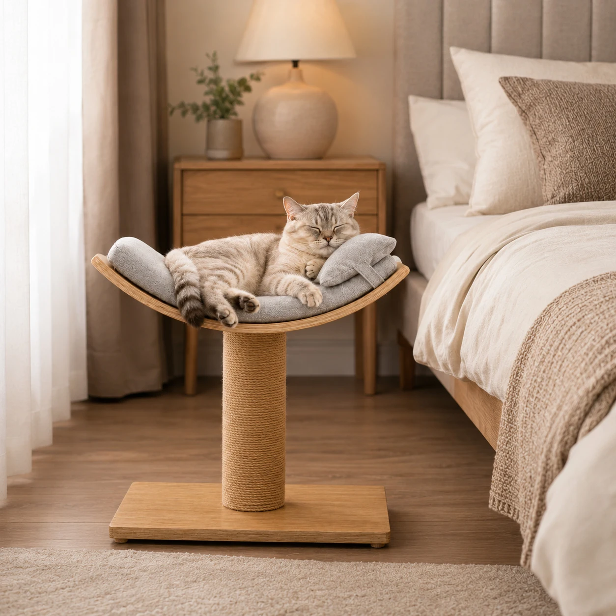 Contemporary Cat Hammock Bed with Reinforced Sisal Scratching Column Soft Pillow and Premium Finish
