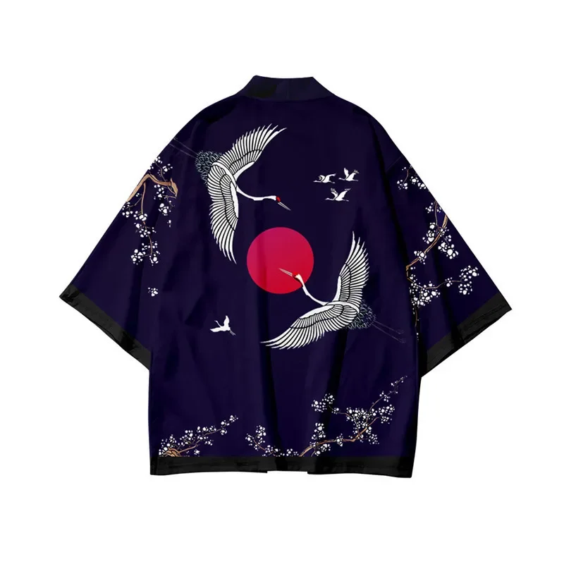 Mens Japanese Crane Art Print Haori Kimono Open Front Loose 3/4 Sleeve Lightweight Breathable Casual Summer Beach Vacation Robe