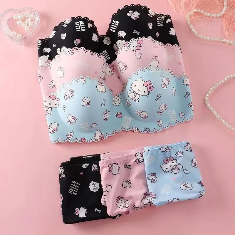 

Sanrio Hello Kitty cartoon new underwear women's small breasts gather sweet and cute girl top support sexy bra cover set