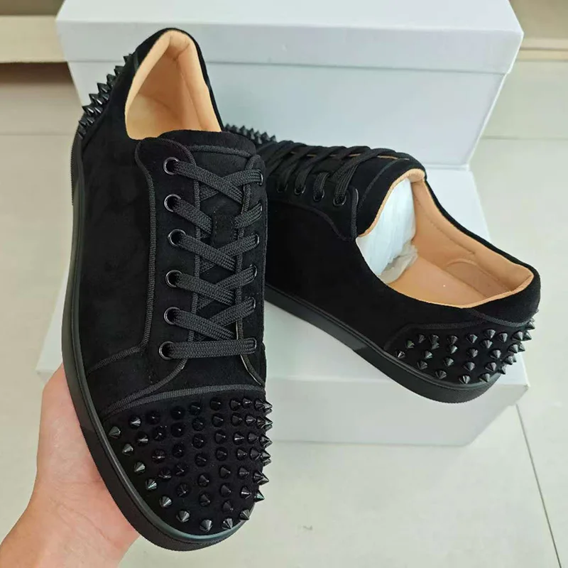 men luxury fashion stage nightclub rivets shoes lace-up cow suede leather studded shoe black designer spikes sneakers footwear