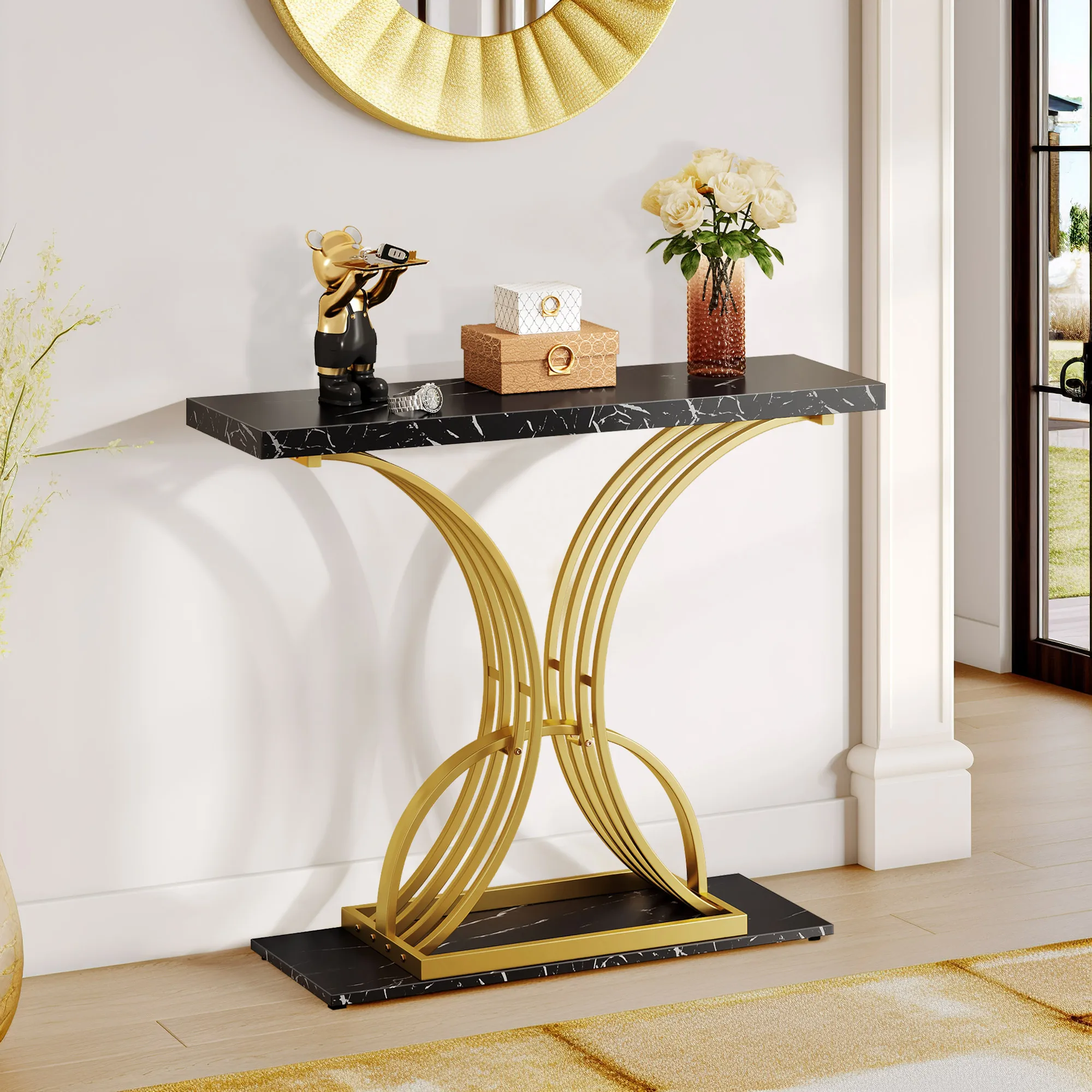 Modern Faux Marble Accent Console Table Gold Metal Leg for Entryway Sofa Table