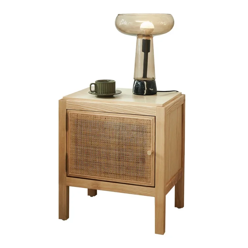 

Nordic solid wood bedside table two-layer rattan locker